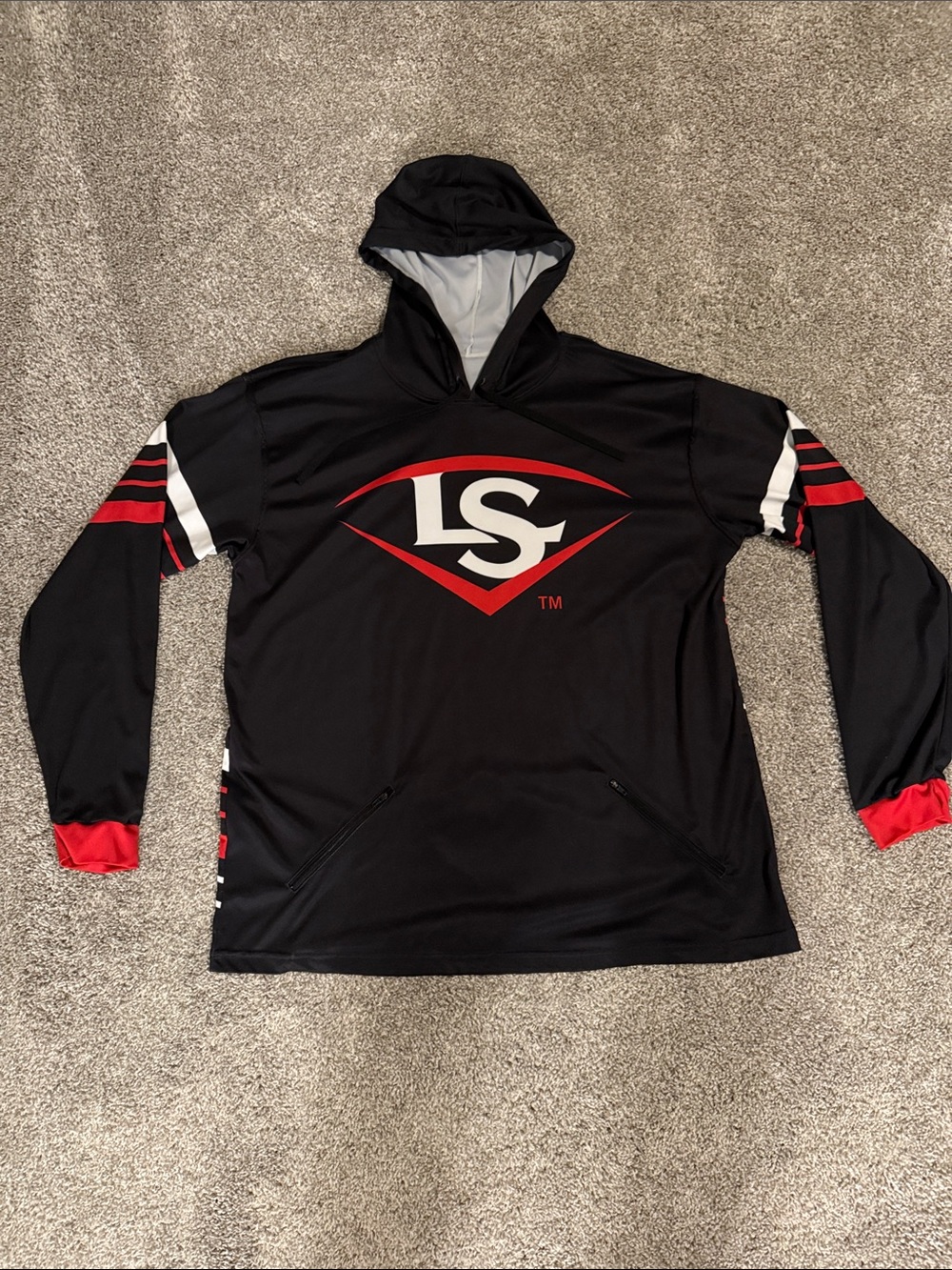 LS Men’s Black Hooded Athletic Pullover Shirt with Red Accents